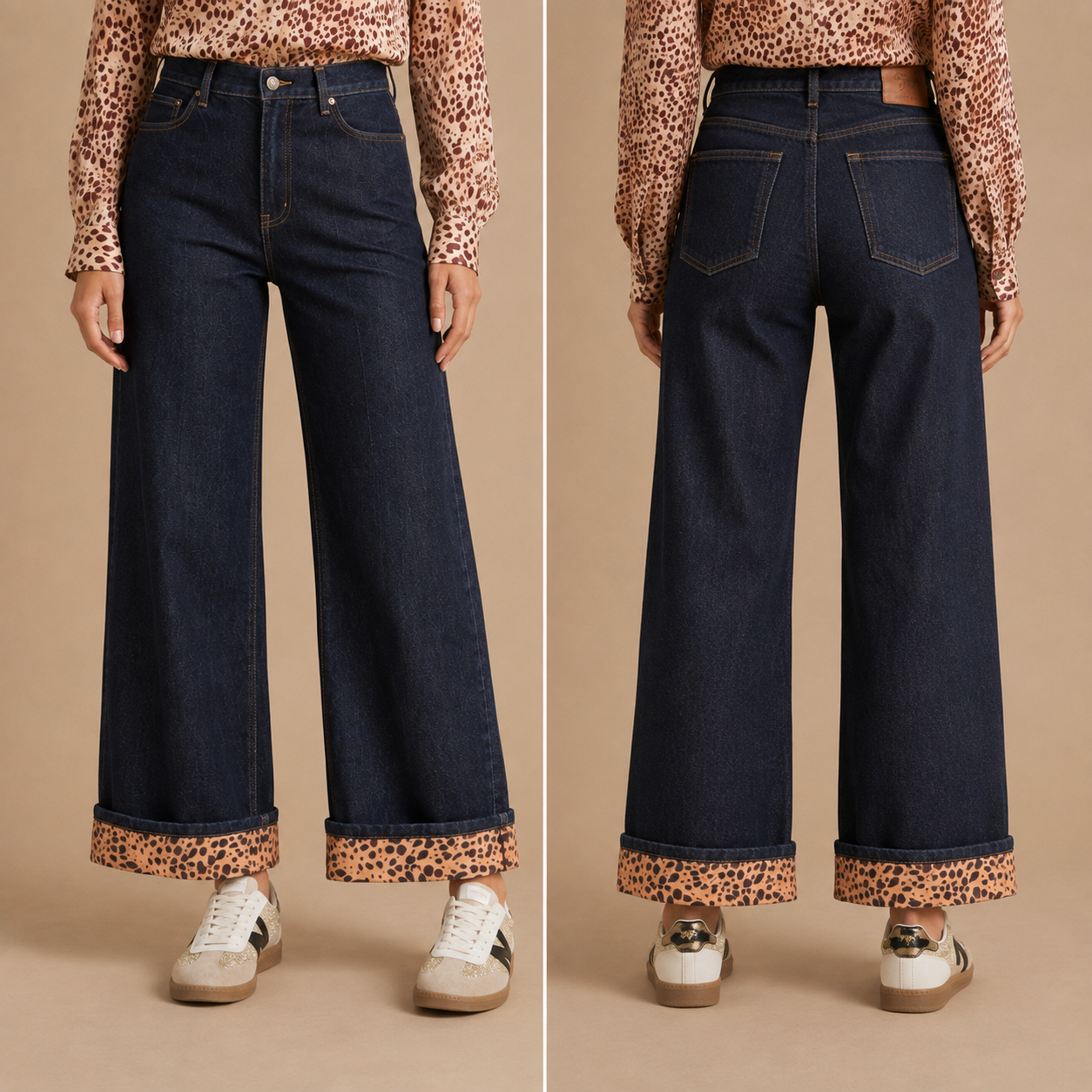 Jeans Donna Wide Leg con Risvolto Animalier Mimì-Muà