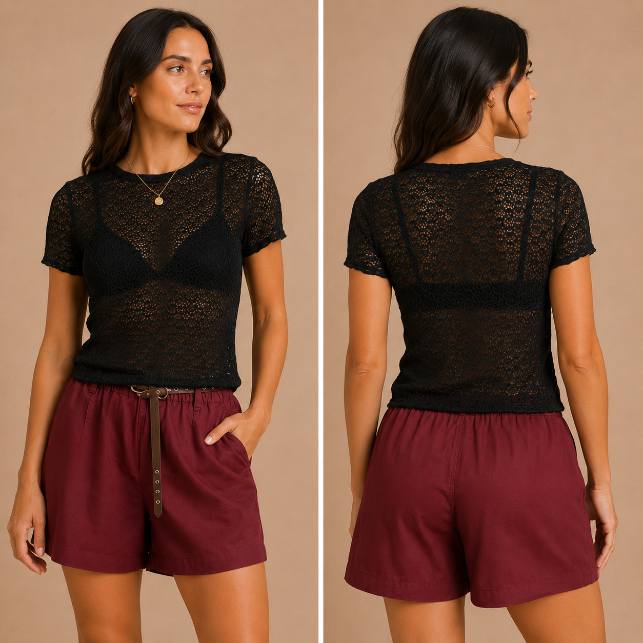 Short Donna Bordeaux e Giallo Ocra con Cintura – vista 2