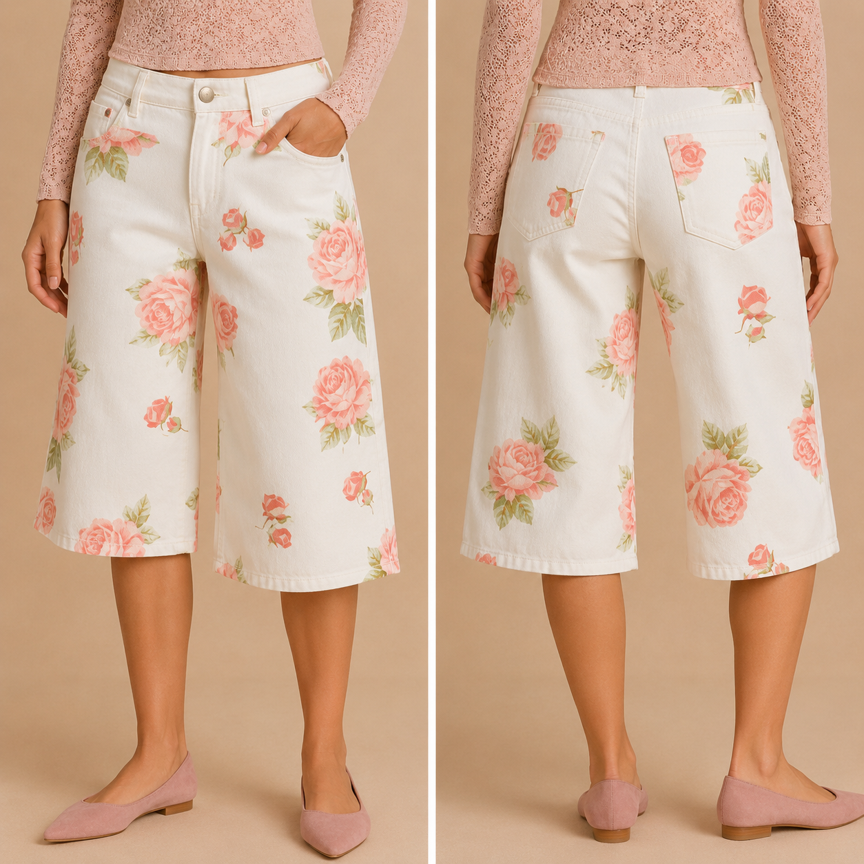 Pantalone Donna Culotte Jeans Fantasia Rose