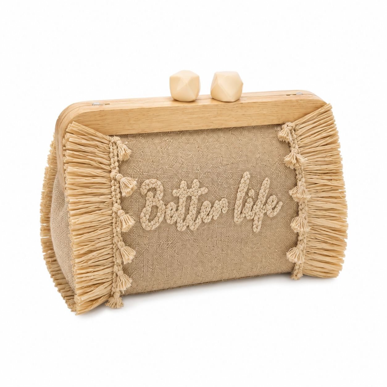 Pochette Better Life in Lino e Paglia con Chiusura in Legno