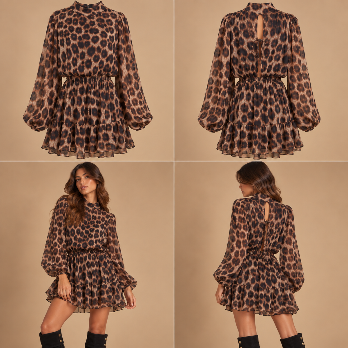 Abito corto animalier con balze – Lumina