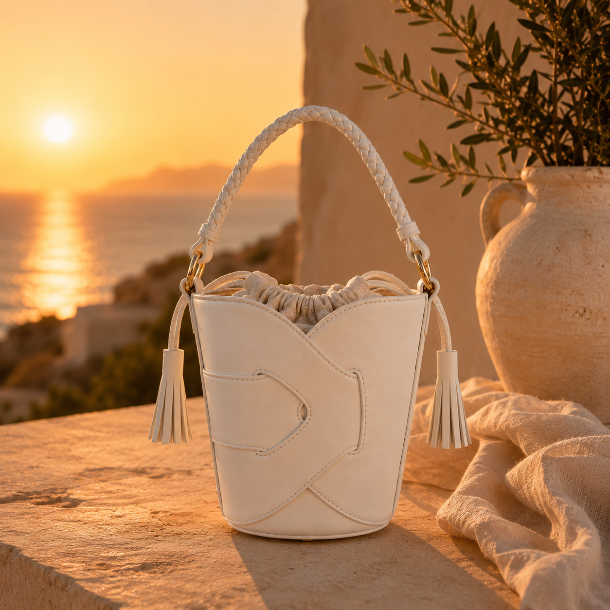 Borsa Secchiello Donna con Nappine – Beige, Nero, Bianco e Rosa