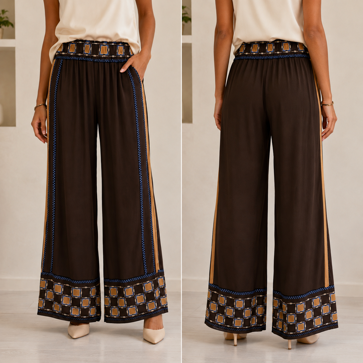 Pantalone Palazzo Marrone Stampa Foulard