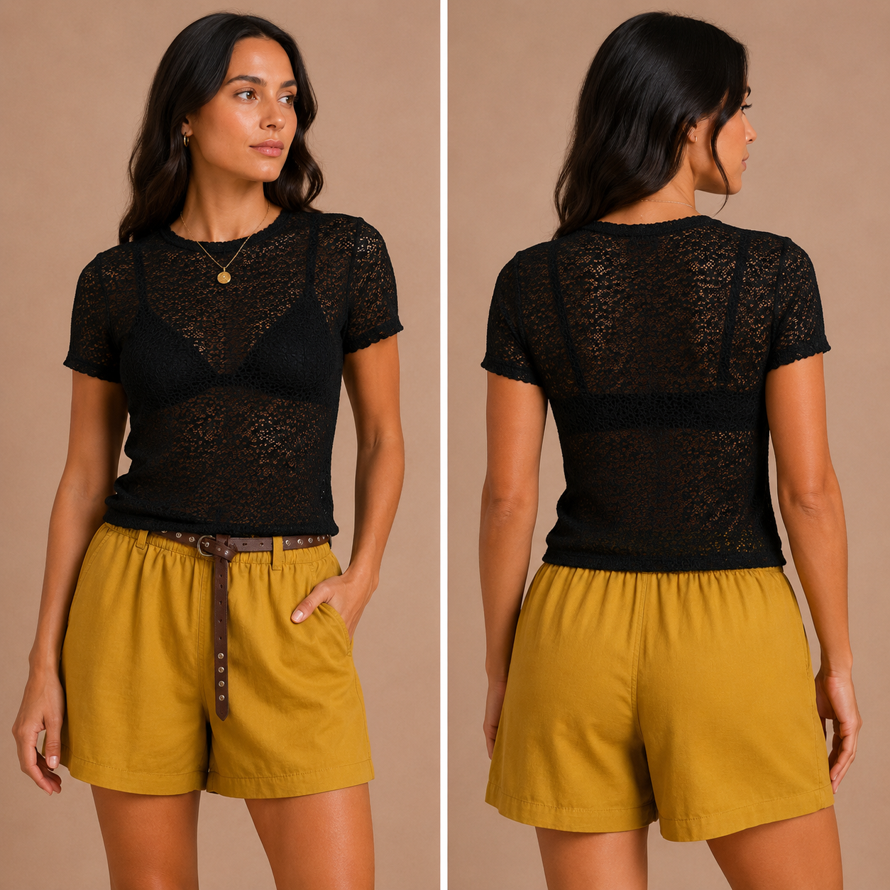 Short Donna Bordeaux e Giallo Ocra con Cintura – vista 3
