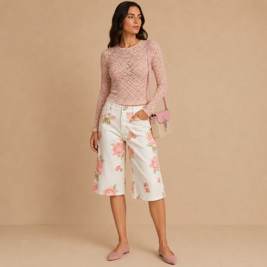 Pantalone Donna Culotte Jeans Fantasia Rose