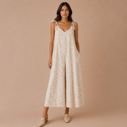 Tutina Lunga Donna Fantasia Beige in Lino e Viscosa