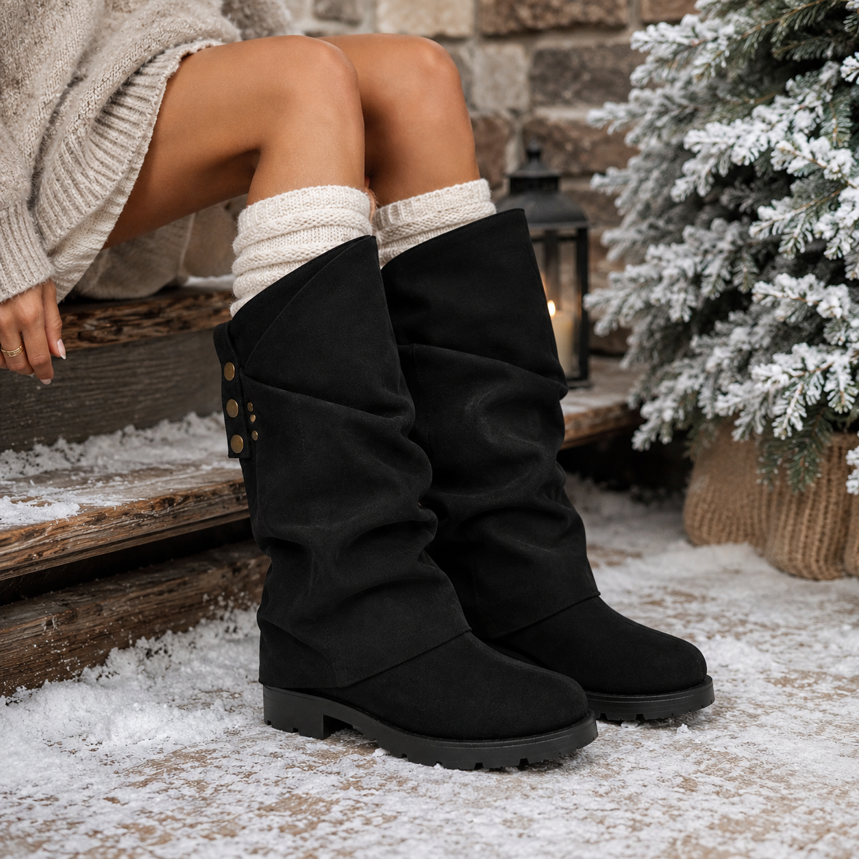 Stivale Arricciato Donna in Camoscio con Borchie
