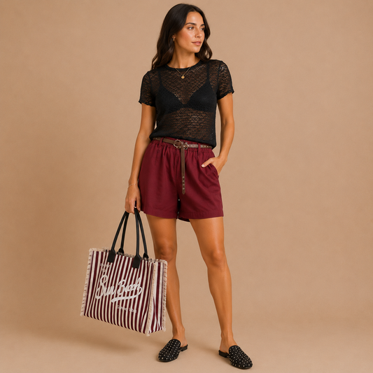 Short Donna Bordeaux e Giallo Ocra con Cintura