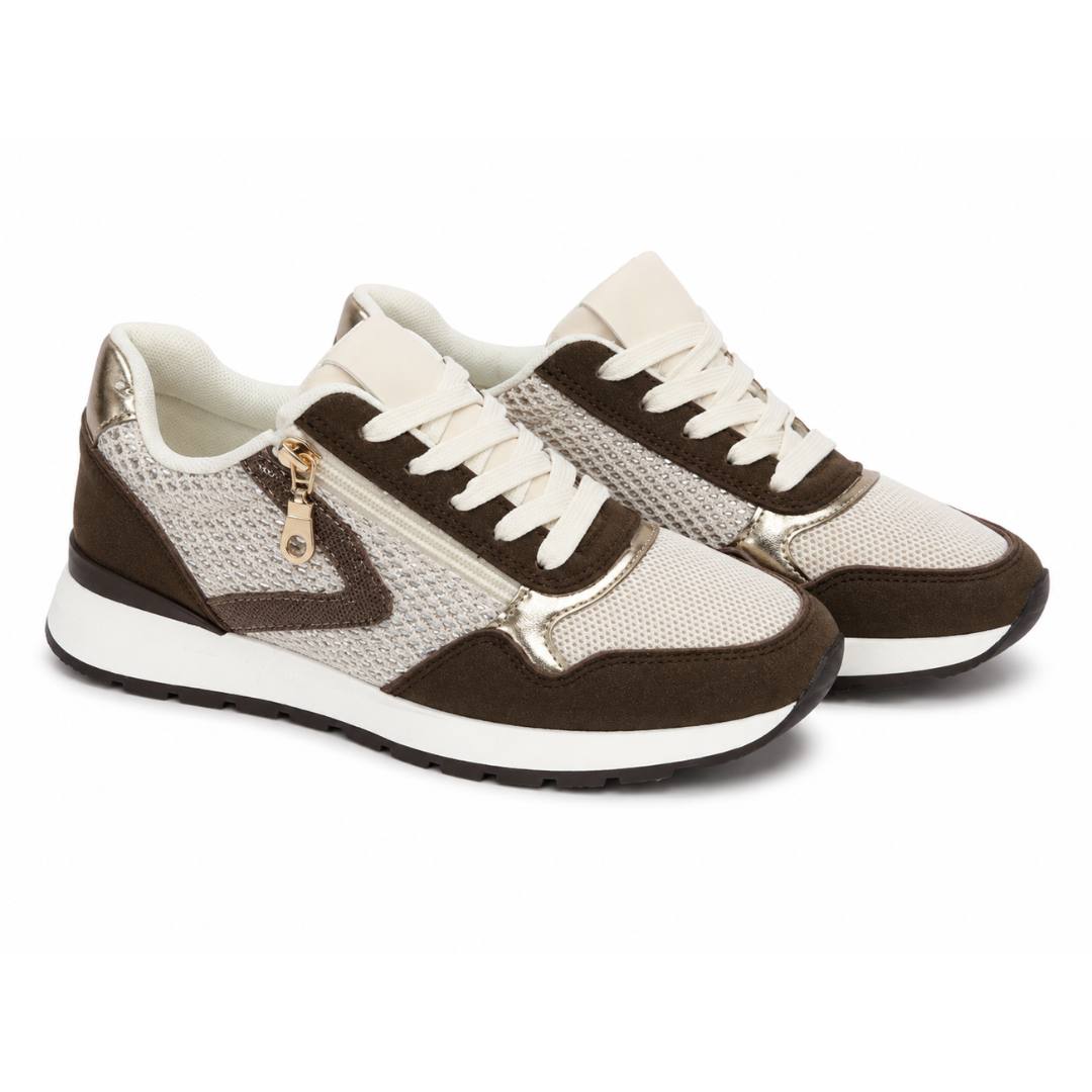 Sneakers Donna Marrone con Dettagli Metallici e Zip