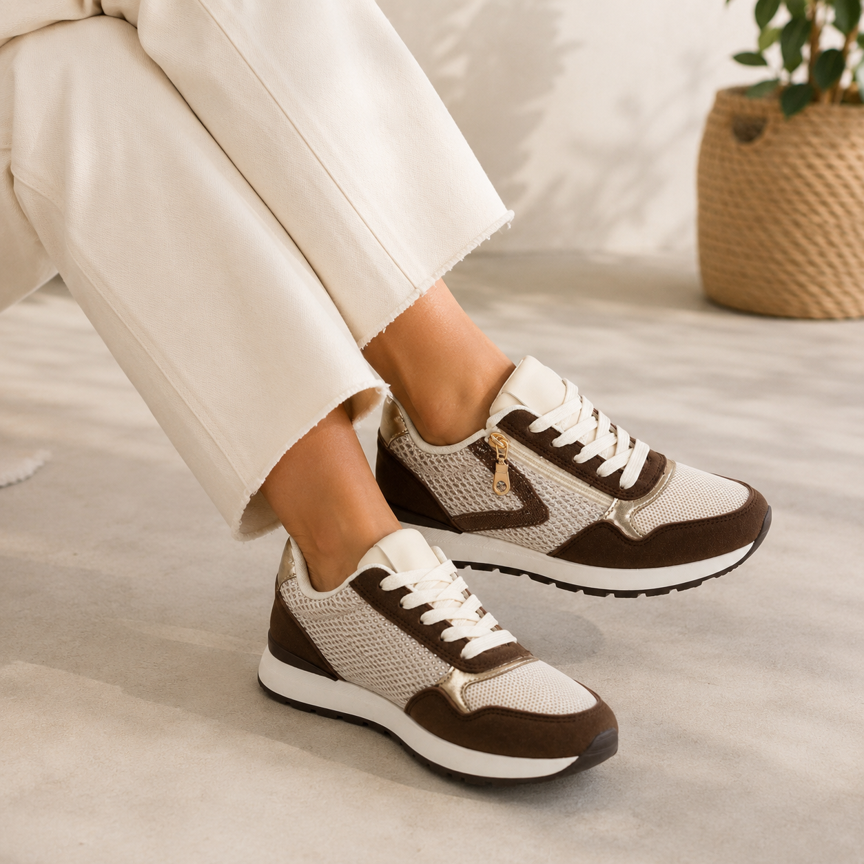 Sneakers Donna Marrone con Dettagli Metallici e Zip