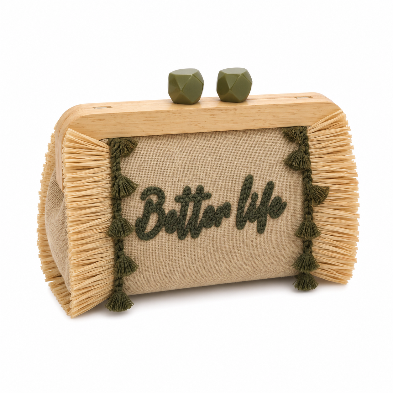 Pochette Better Life in Lino e Paglia con Chiusura in Legno