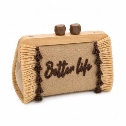 Pochette Better Life in Lino e Paglia con Chiusura in Legno
