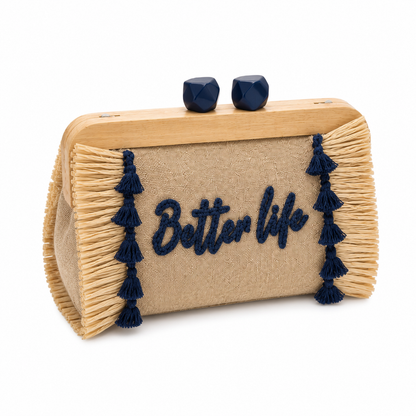 Pochette Better Life in Lino e Paglia con Chiusura in Legno
