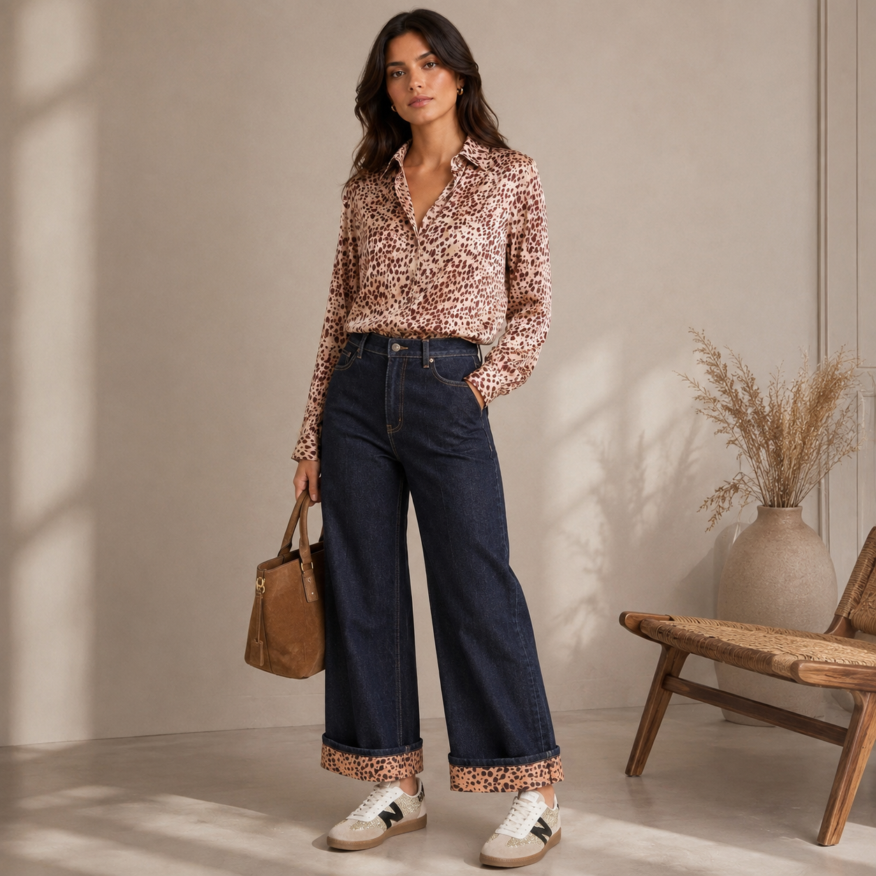 Jeans Donna Wide Leg con Risvolto Animalier Mimì-Muà