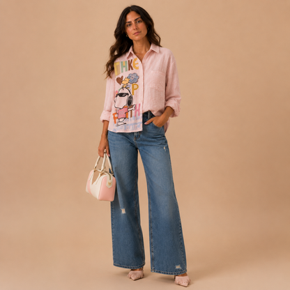 Camicia Oversize con Stampa Cartoon – Rosa