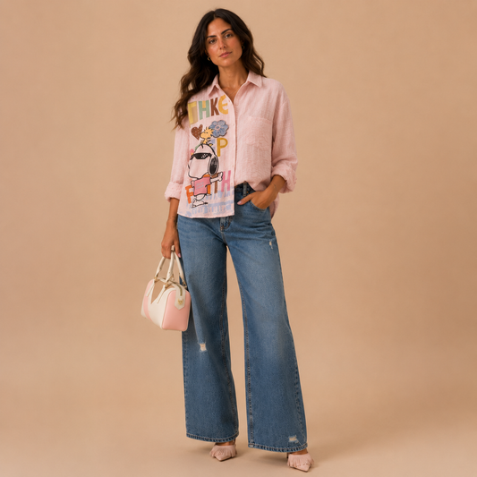 Camicia Oversize con Stampa Cartoon – Rosa
