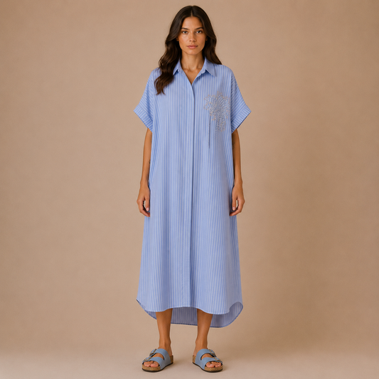 Camicia Lunga Donna a Righe Azzurro Scuro con Fiore Ricamato