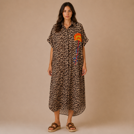 Camicione Lungo Leopardato con Ricamo Floreale