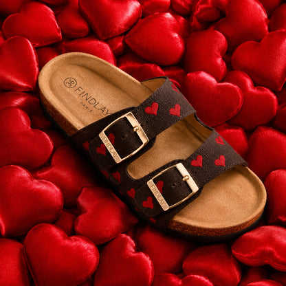 Ciabatta Donna Marrone Doppia Fascia Cuori Rossi
