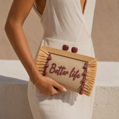 Pochette Better Life in Lino e Paglia con Chiusura in Legno