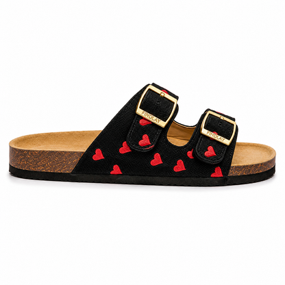 Ciabatta Donna Marrone Doppia Fascia Cuori Rossi