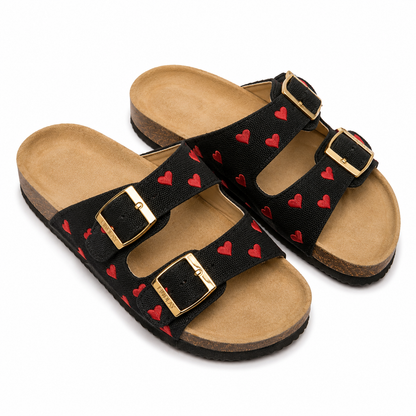 Ciabatta Donna Marrone Doppia Fascia Cuori Rossi