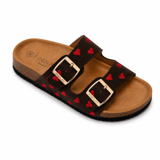 Ciabatta Donna Marrone Doppia Fascia Cuori Rossi