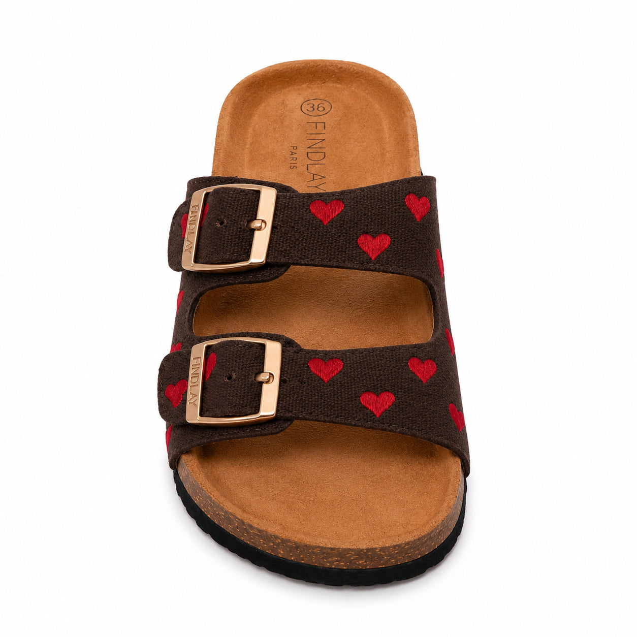 Ciabatta Donna Marrone Doppia Fascia Cuori Rossi
