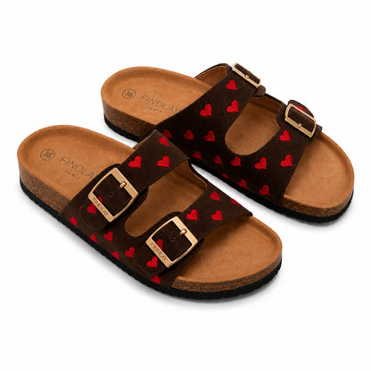 Ciabatta Donna Marrone Doppia Fascia Cuori Rossi