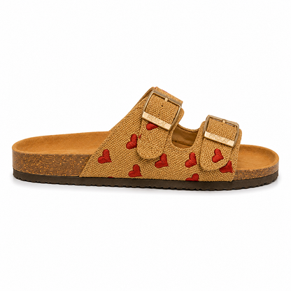 Ciabatta Donna Marrone Doppia Fascia Cuori Rossi