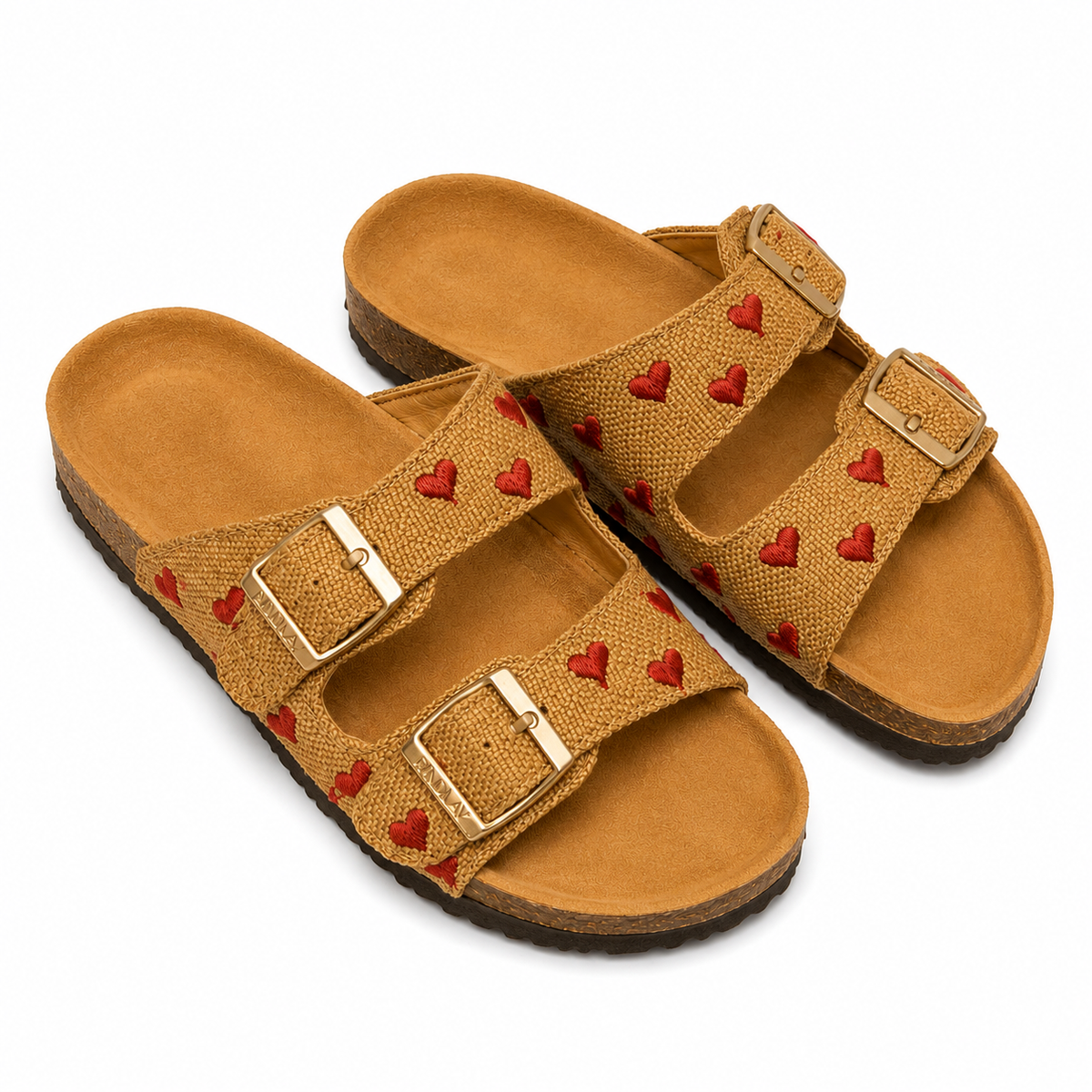 Ciabatta Donna Marrone Doppia Fascia Cuori Rossi