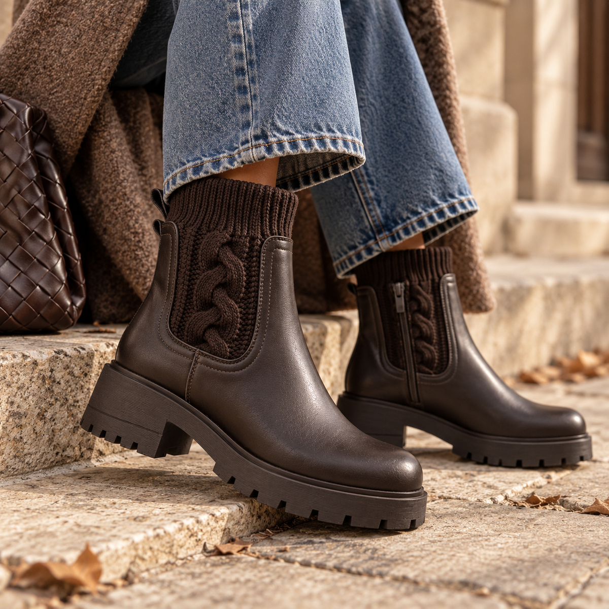 Stivaletto chunky con inserto in maglia