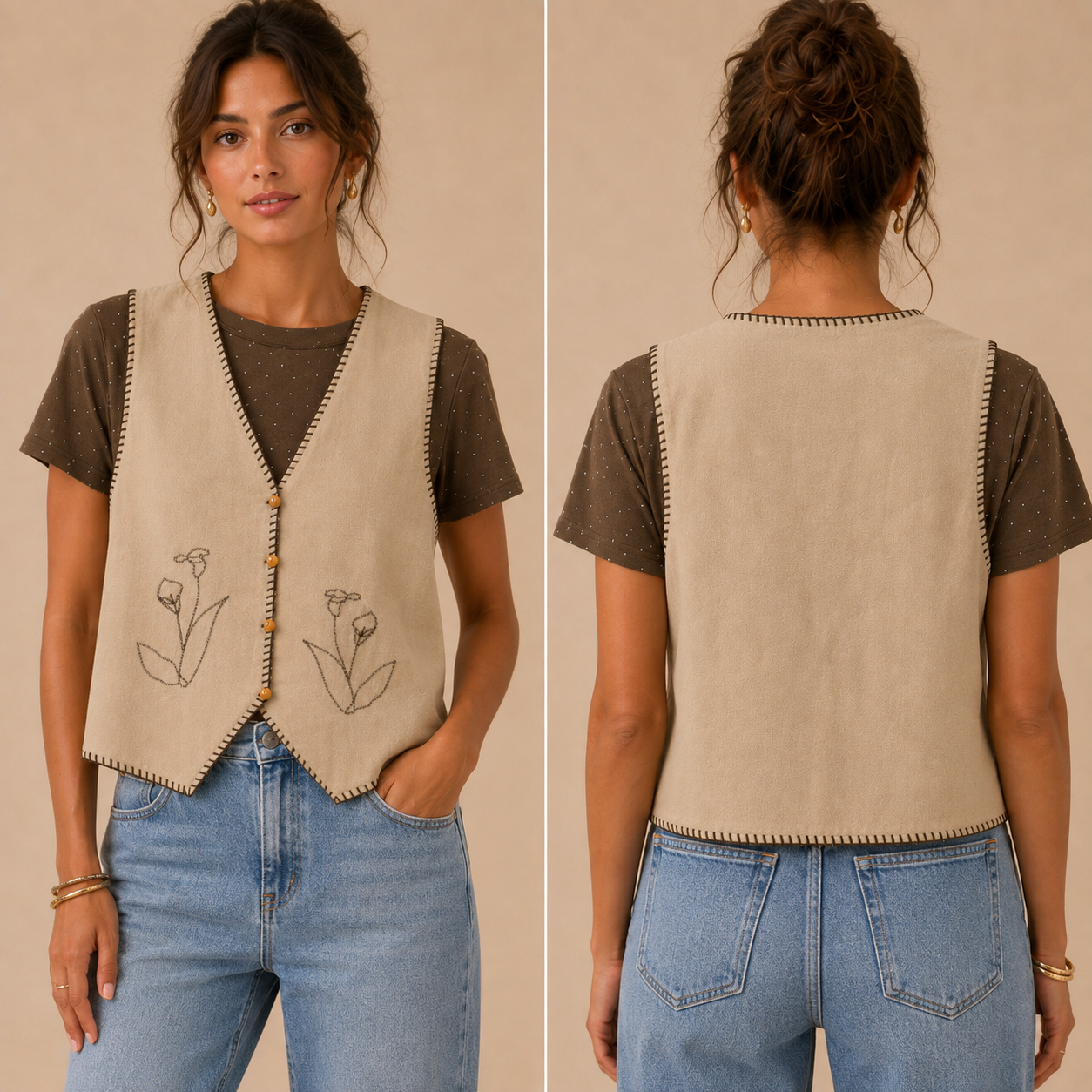 Gilet Beige con Ricami Floreali e Cuciture a Contrasto