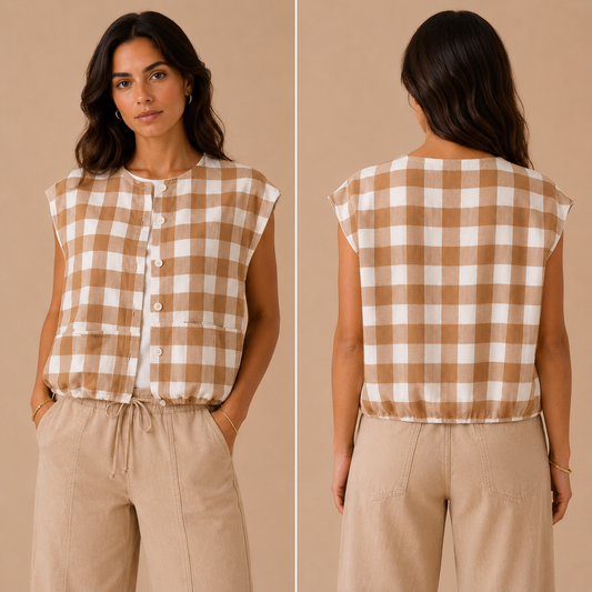Gilet a Quadri con Tasche – Camel