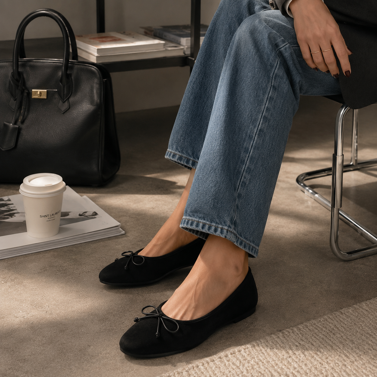 Ballerine in effetto suede con fiocchetto