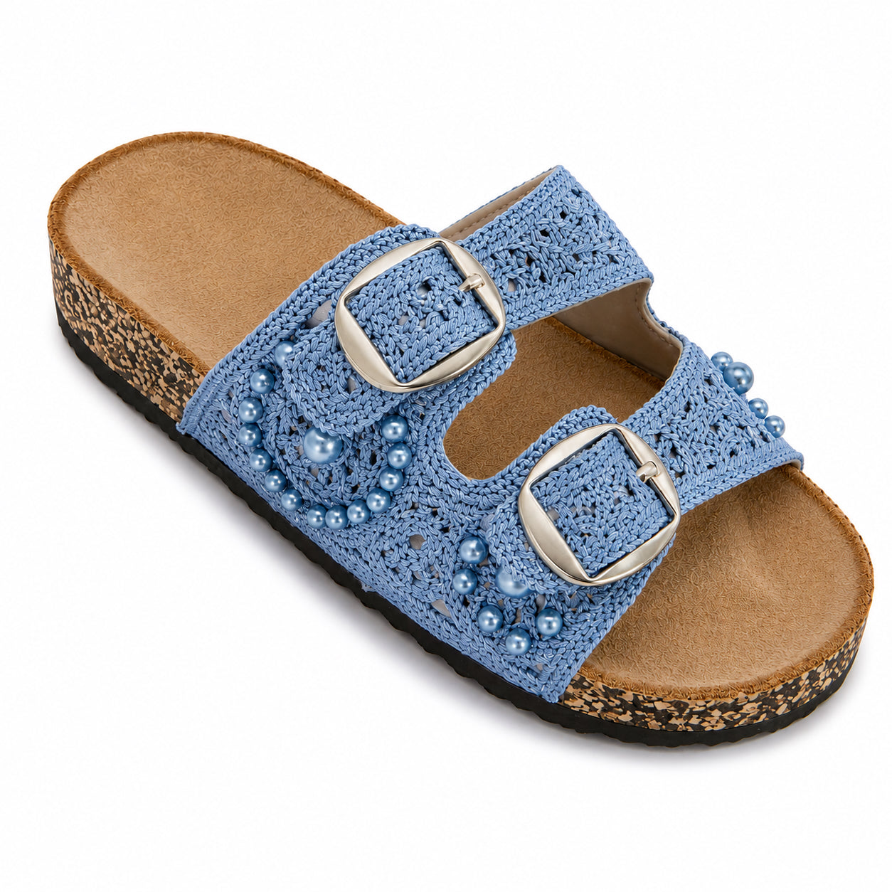 Ciabatta Donna Crochet con Perle e Doppia Fibbia – Azzurro e Camel