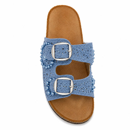 Ciabatta Donna Crochet con Perle e Doppia Fibbia – Azzurro e Camel