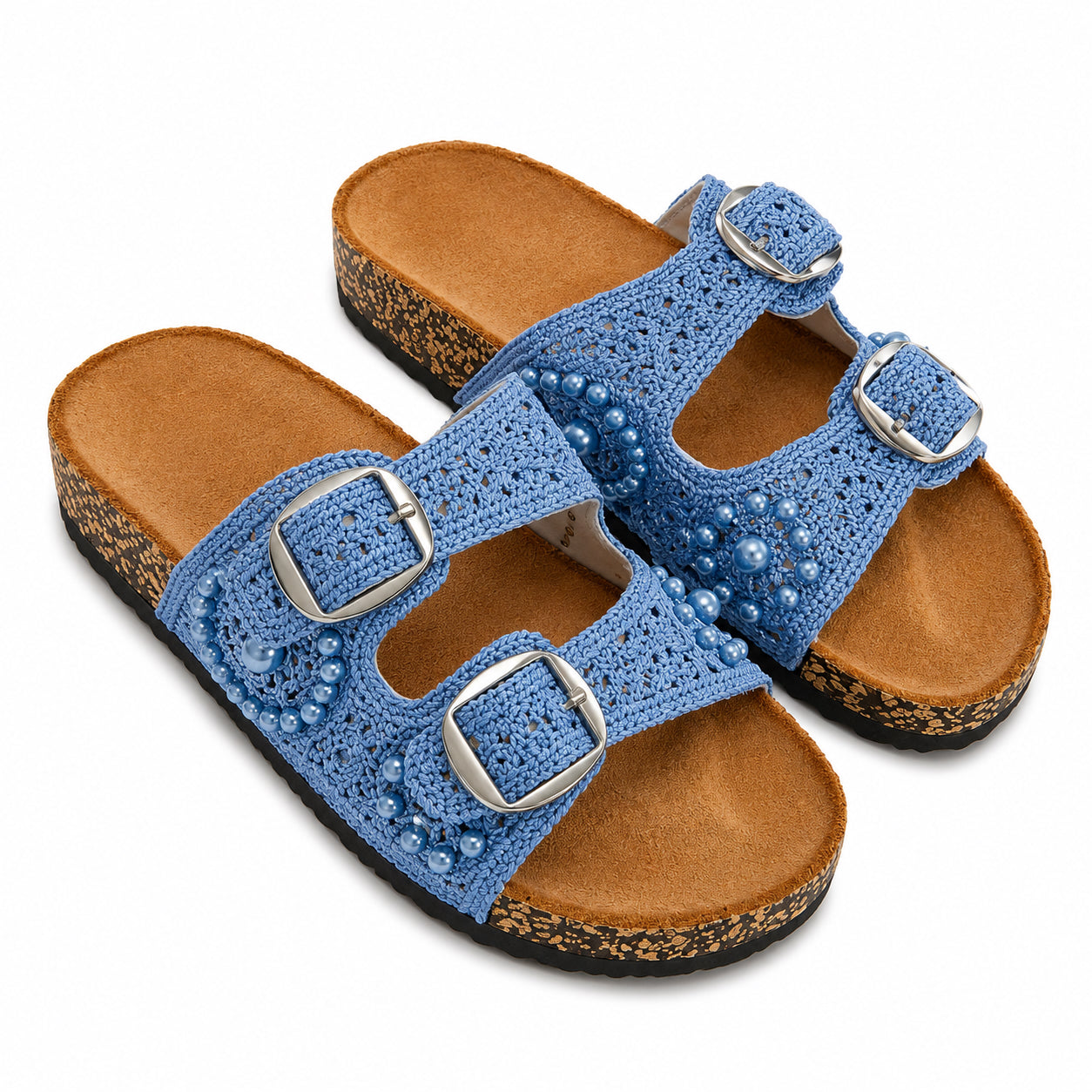 Ciabatta Donna Crochet con Perle e Doppia Fibbia – Azzurro e Camel