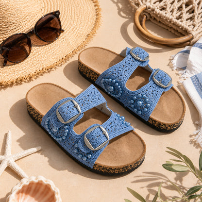 Ciabatta Donna Crochet con Perle e Doppia Fibbia – Azzurro e Camel