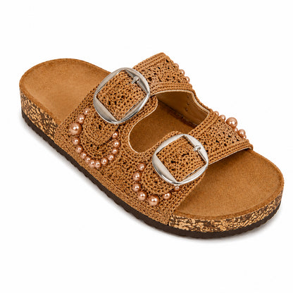 Ciabatta Donna Crochet con Perle e Doppia Fibbia – Azzurro e Camel