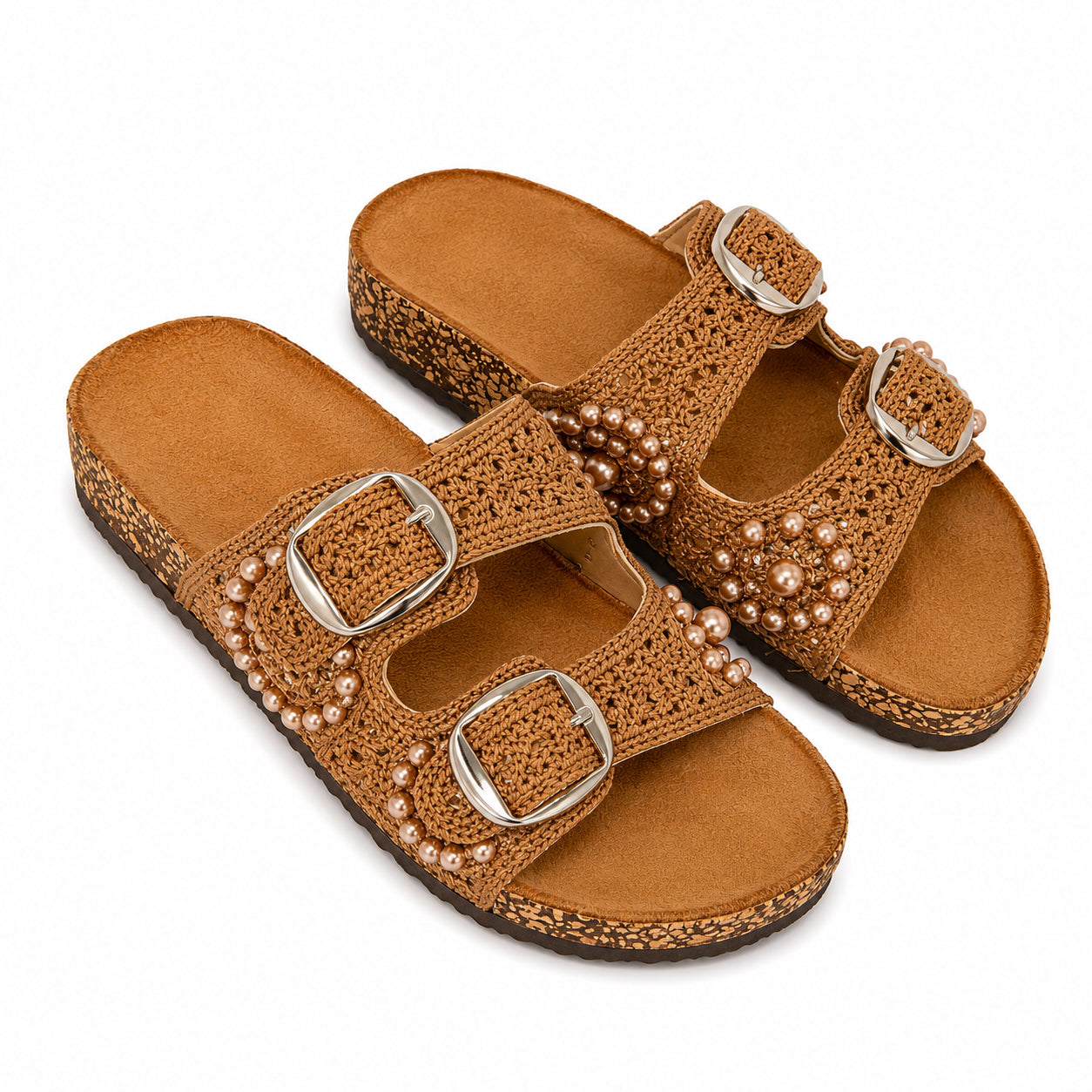 Ciabatta Donna Crochet con Perle e Doppia Fibbia – Azzurro e Camel