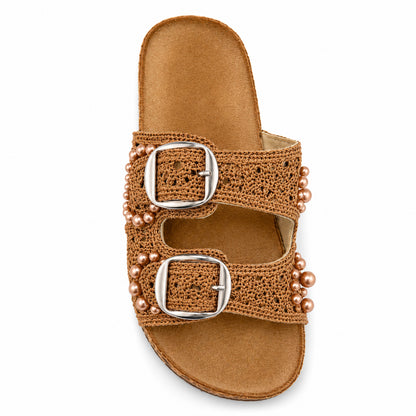 Ciabatta Donna Crochet con Perle e Doppia Fibbia – Azzurro e Camel
