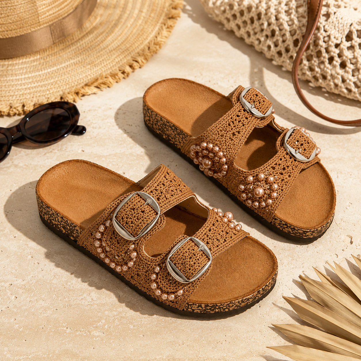 Ciabatta Donna Crochet con Perle e Doppia Fibbia – Azzurro e Camel