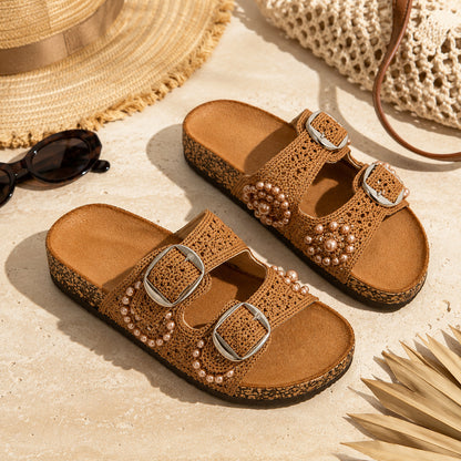 Ciabatta Donna Crochet con Perle e Doppia Fibbia – Azzurro e Camel