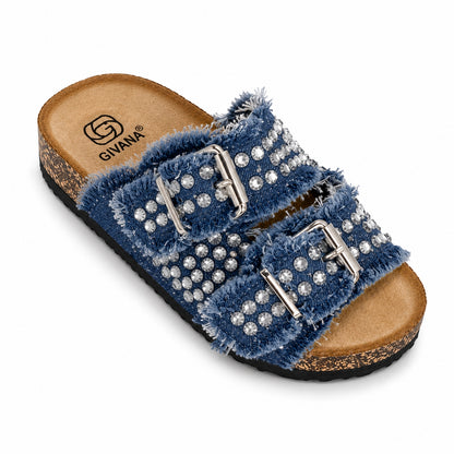 Ciabatta Denim con Strass e Doppia Fibbia