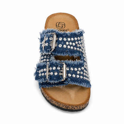 Ciabatta Denim con Strass e Doppia Fibbia