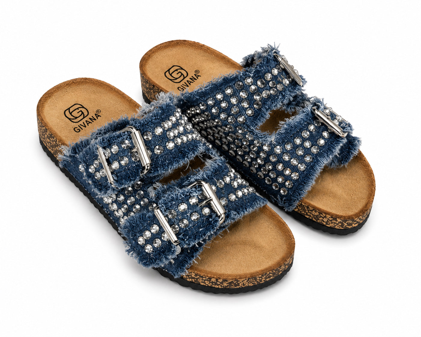 Ciabatta Denim con Strass e Doppia Fibbia