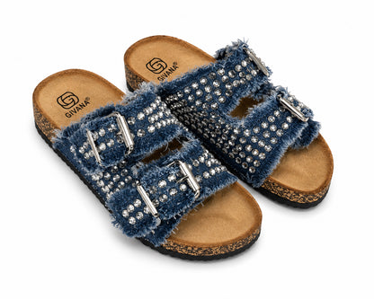 Ciabatta Denim con Strass e Doppia Fibbia