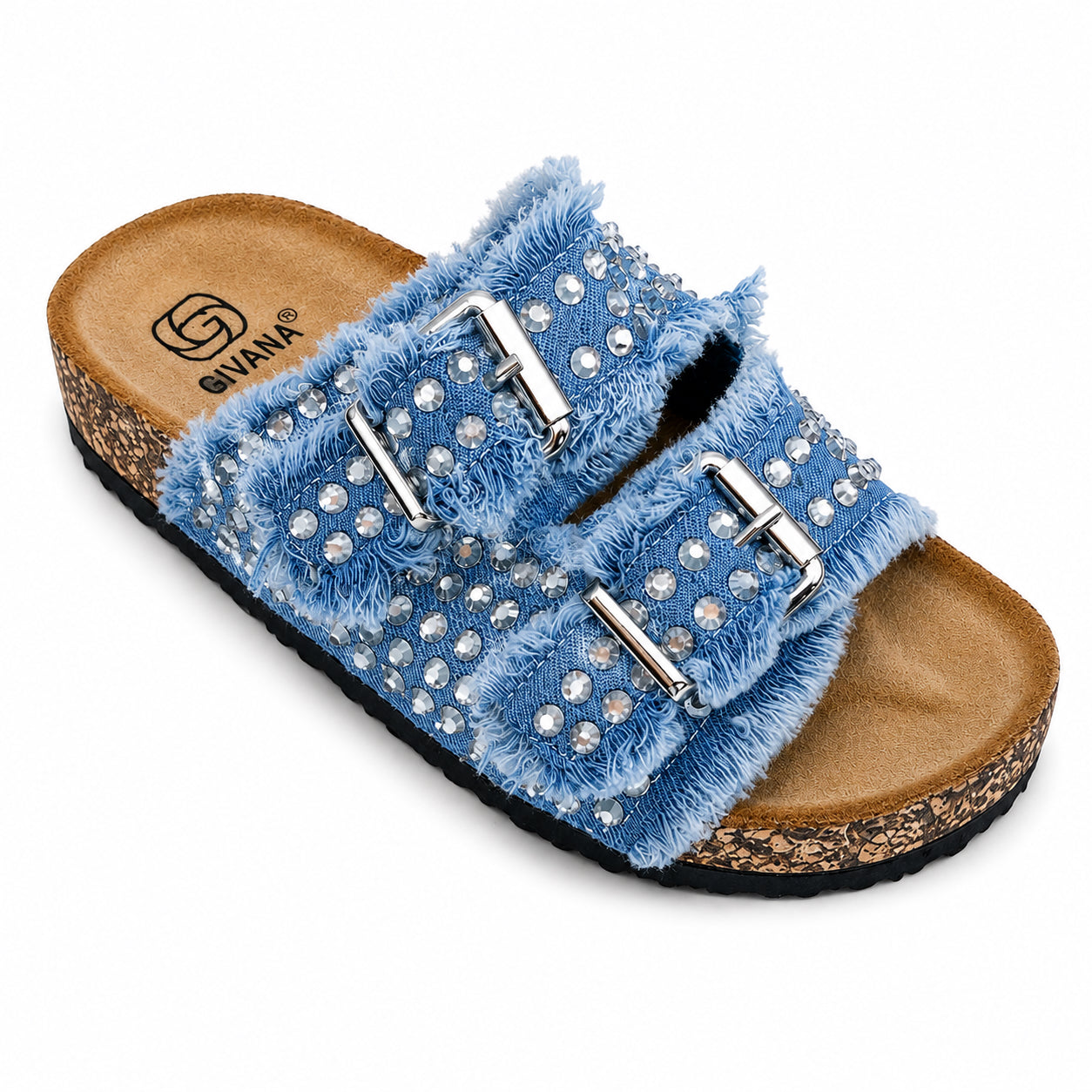 Ciabatta Denim con Strass e Doppia Fibbia