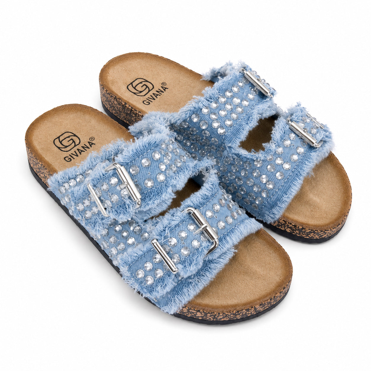 Ciabatta Denim con Strass e Doppia Fibbia